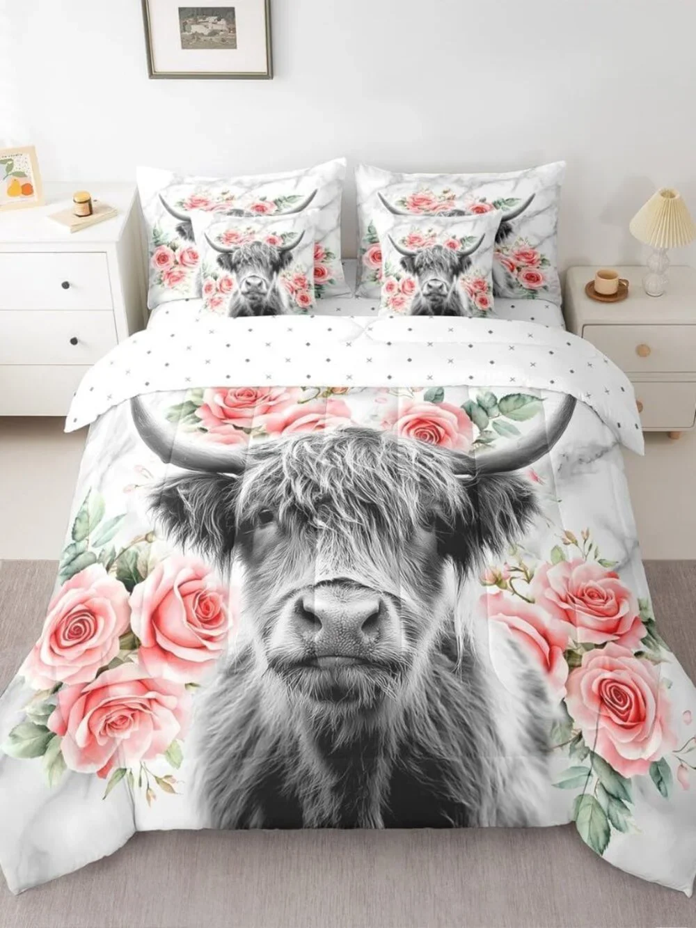 Highland Cow Flower Full Comforter Set with Sheets 7 Piece Rose Grey Marble Bed
